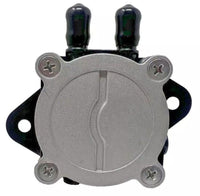 photo of jlm marine fuel pump assembly 15100-94l00 for suzuki df25a df30a models, silver circular housing with curved indentation, two black connectors on top, mounted on black bracket with side cutouts