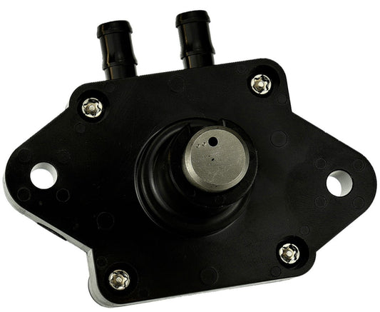 photo fuel pump assembly suzuki df25a df30a 15100-94l01 black rectangular with two barb fittings central circular metal disc and mounting holes