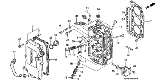 photo of the jlm marine honda fuel pump for bf 25 90 hp engines, part number 16700-zv5-003, showing an exploded view of the fuel pump and related engine components including cylinder head and gasket
