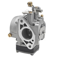 photo of JLM Marine carburetor for Yamaha 6hp 8hp 6g1-14301-01-18-34612, silver metal with black rubber gasket, two bolt flange and mounting feet