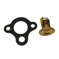 photo of JLM Marine thermostat gasket kit for Mercruiser 3.0L 2.5L 4-cyl 140hp 120hp 59078T3, includes black figure-eight gasket and brass thermostat with ribbed disc base and 140 temp rating