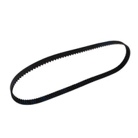 photo of a black JLM Marine timing belt with visible teeth, oval shape on white background