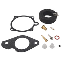 photo of JLM Marine carburetor repair kit for Yamaha 25-30hp 1984-1997 689-w0093-00, including black rubber gaskets, brass jets, needle valve, adjustment screw, and plastic parts on white background