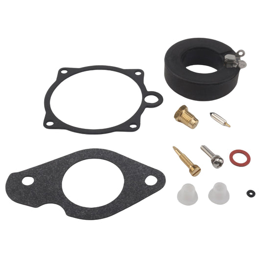 photo of JLM Marine carburetor repair kit for Yamaha 25-30hp 1984-1997 689-w0093-00, including black rubber gaskets, brass jets, needle valve, adjustment screw, and plastic parts on white background