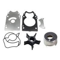 photo of jlm marine water pump impeller kit for suzuki df250 df300, includes black rubber impeller with four vanes, silver metal housing, silver base gasket with punched holes, black figure-eight gasket, black rubber seal, and silver metal bracket