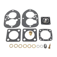photo of JLM Marine carburetor repair kit for Volvo AQ115 to AQ171, 856472, with dark gray gaskets, diaphragm, brass washers, and needle valve