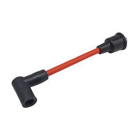 photo of red spark plug wire jlm marine 18-8819; right-angled black boot on one end, conical black boot with visible metallic terminal on other end