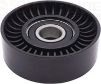 photo of serpentine belt idler pulley for mercruiser, black ribbed pulley with silver metal bearing, part 8m6500024