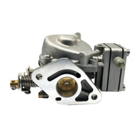 photo of JLM Marine carburetor for Mercury 4hp 5hp, silver metal, triangular mounting flange with JP21, brass lever and spring, intake port