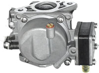 close-up of jlm marine aluminum carburetor for mercury 6-8-9.8 hp 803687t04 18-7371 showing mounting flange with holes, brass adjustment screw, and side assembly