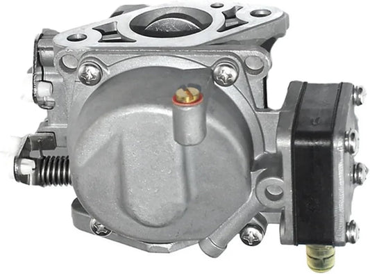 close-up of jlm marine aluminum carburetor for mercury 6-8-9.8 hp 803687t04 18-7371 showing mounting flange with holes, brass adjustment screw, and side assembly