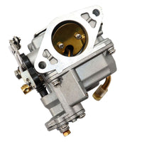photo of jlm marine carburetor 8m0176126 for mercury 8hp 9 9hp, silver metal with brass accents, mounting flange with elongated holes, visible throttle plate and linkages