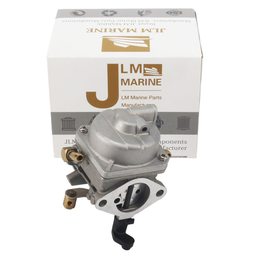 photo of jlm marine carburetor 6bx-14301-18-34613 for yamaha 6hp with brass fittings and screws, silver-tone metal, compact design