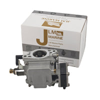 photo of jlm marine carburetor 6b4-14301-00 for yamaha 9.9hp 15hp, silver metal with black parts and brass screws, next to jlm marine packaging