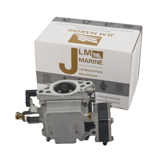 photo of jlm marine carburetor 6b4-14301-00 for yamaha 9.9hp 15hp, silver metal with black parts and brass screws, next to jlm marine packaging