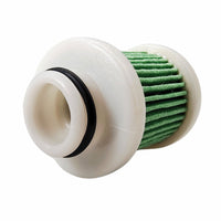 photo of JLM Marine fuel filter element 6d8-ws24a-00, white inline with green porous element, black o-ring on left conical end