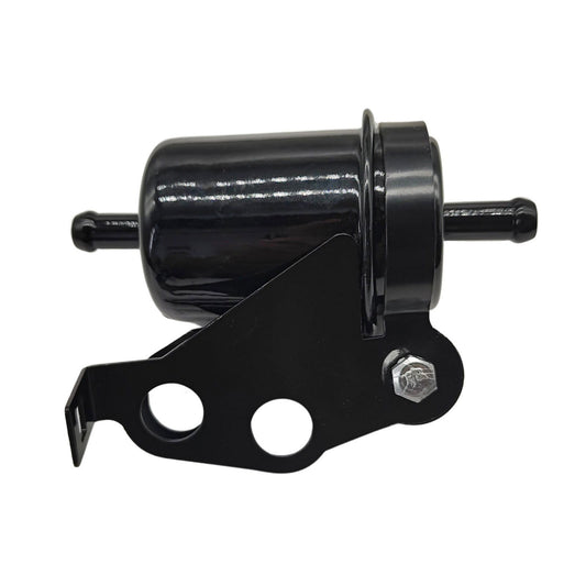 photo of jlm marine fuel filter 15410-87j00 with black metal bracket and ribbed nozzles