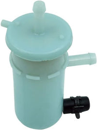 photo of jlm marine light blue translucent fuel filter housing cylindrical body with domed lid clear nipple horizontal nipple and black clamp fixture