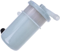 photo of jlm marine suzuki 15410-96j00 fuel filter, light blue translucent cylinder with flared tube outlets and mounting point