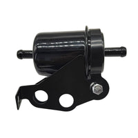 photo of jlm marine fuel filter for suzuki df 40 50 hp 15410-87j00, cylindrical with two hose barbs, mounted to black metal bracket with two mounting holes