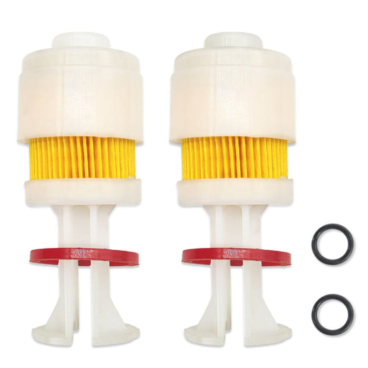 photo of two jlm marine fuel filter assembly units with yellow pleated filter elements and red sealing rings, plus two black o-rings, for yamaha 150-250 hp 65l outboard engines, part 65l-24563-00