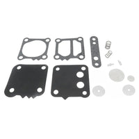 photo of jlm marine fuel pump diaphragm kit 42909a1 including dark gray and light gray rectangular gaskets with screw holes and translucent white disc-shaped diaphragms