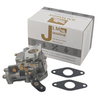 photo of jlm marine 66m 14301 18 carburetor with brass accents and two figure-eight black gaskets in jlm marine packaging