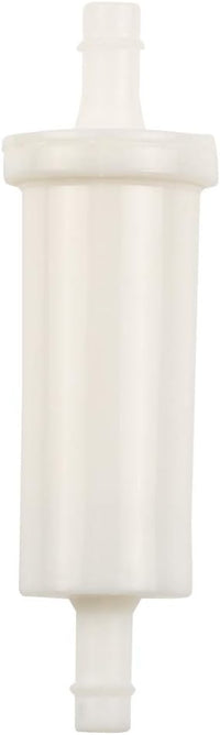 photo of jlm marine inline fuel filter for yamaha 9.9-40 hp, 65w-24251-00, white translucent plastic cylinder with ribbed top flange and tapered neck