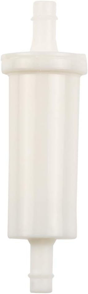 photo of jlm marine inline fuel filter for yamaha 9.9-40 hp, 65w-24251-00, white translucent plastic cylinder with ribbed top flange and tapered neck
