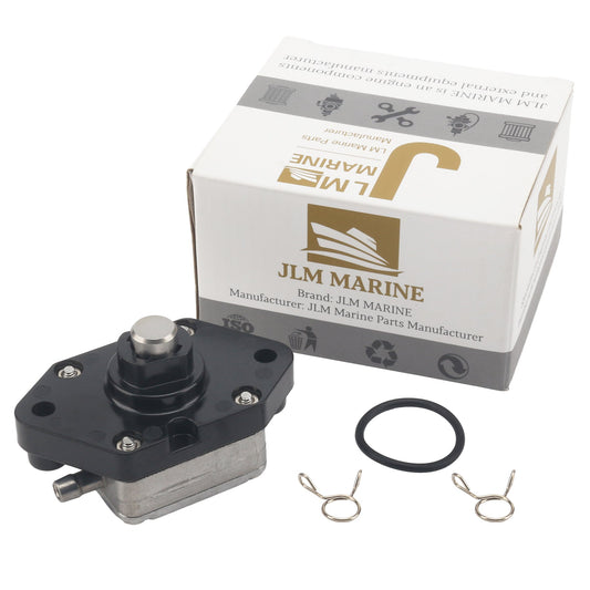 photo: JLM Marine fuel pump with hexagonal mounting plate, silver screws, metal barb fitting for Johnson Evinrude 4-6hp outboard engines