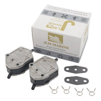 photo of jlm marine fuel pump for suzuki marine 20hp-90hp models 15100-94300, silver metal housing with black rubber, two barbed fittings, includes mounting plates and spring clips