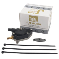 photo of jlm marine fuel pump for johnson evinrude 20-25-30 hp 438555, gray metallic body, black top with silver screw, brass fitting, black hose connector, gray gasket with three holes