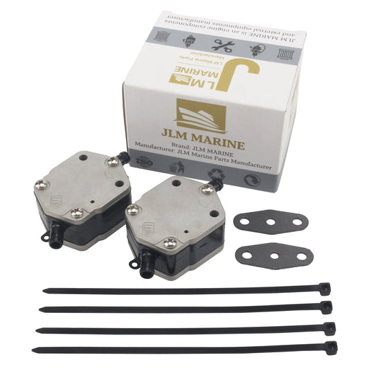 photo of JLM Marine fuel pump for Yamaha 115-150hp two-stroke outboards 6e5-24410-00-00 with silver top plate and black hose barb