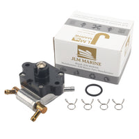 photo of JLM Marine fuel pump with brass fittings, black O-ring, and hose clamps for Yamaha 15hp 20hp 6ah-24410-00-18