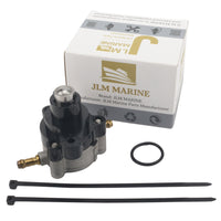 photo of jlm marine fuel pump for yamaha 75-115 hp 68v-24410-00 with silver domed top, black housing, mixed metal and black base, and brass barbed fitting