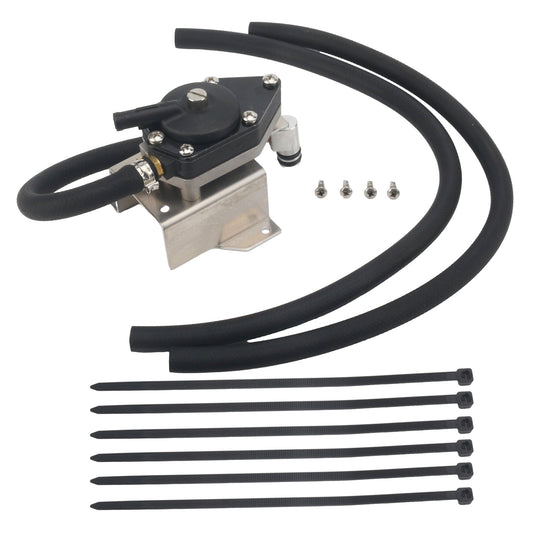 photo of JLM Marine vro fuel pump 438400 5004558 for Evinrude Johnson 60 degree outboards, black pump with metal bracket, two black hoses, silver screws