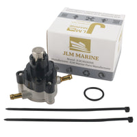 photo of jlm marine fuel pump for yamaha 4 stroke 75-115hp 6d8-24410-00-00, silver top, black plastic body, brass hose fittings, with gasket and zip ties