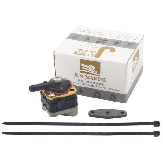 photo of jlm marine fuel pump kit for johnson evinrude 6 8 9 9 15 hp with black plastic and metal pump, rubber hoses, gasket, and zip ties