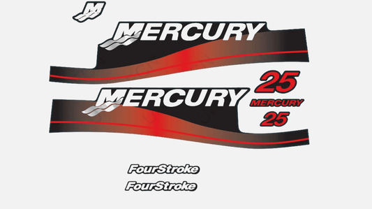 Mercury 25 HP Outboards Motor Top Cowl Cove Decal Sticker Set 811304A00, 854693A00, 808499A00, 897508A02, 854693A05 - JLM Marine - JLM Marine Boat Parts Limited