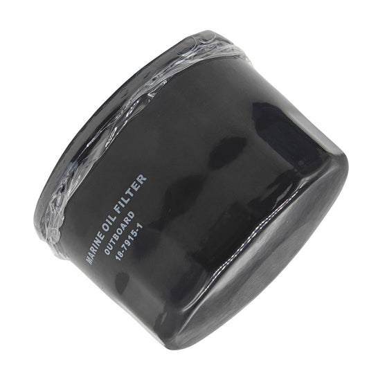 photo of JLM Marine black cylindrical oil filter 18-7915-1 with white text MARINE OIL FILTER OUTBOARD 18-7915-1, domed top, in clear plastic packaging