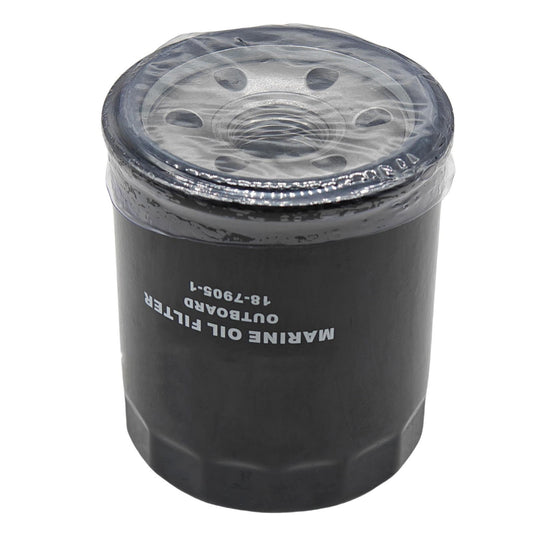 photo of jlm marine oil filter 18-7905-3 black cylindrical with white text 18-7905-1 and metallic threaded top with holes