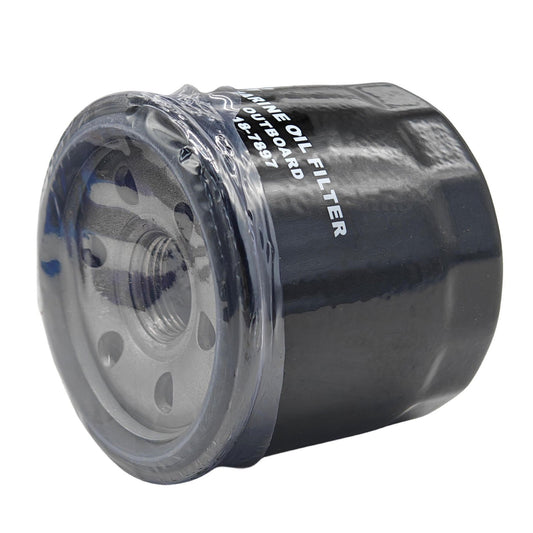 photo of jlm marine oil filter 18-7898 for suzuki and evinrude 115hp 140hp, black with white text, threaded metal end cap with holes
