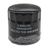 photo of jlm marine oil filter 18-7906-1 for yamaha 150-250hp and mercury 225hp, cylindrical black marine outboard filter with white text and shrink-wrapped bottom