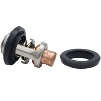 close-up photo of JLM Marine outboard thermostat and gasket, metal thermostat with copper squared end and rubber seal, black rubber gasket with beveled edge, for mercury marine 1.5l 2.5l 75-175 hp dfi outboard motors 833072003