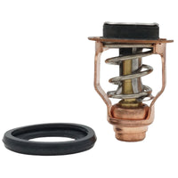 yamaha 60v-12411 outboard thermostat and gasket, copper and metal with coiled spring and black rubber seal, round gasket with beveled inner edge