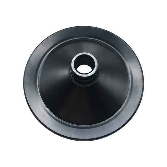 photo of JLM Marine power steering pump pulley for Volvo Penta and OMC stern drive 3853804, circular dark gray with metallic beveled outer edge, central hollow cylinder