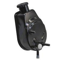 photo of JLM Marine power steering reservoir 16792a39 for Mercruiser Alpha Bravo sterndrive, black with ribbed cap and side fittings including threaded bolt and u-shaped tubes