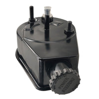 photo, JLM Marine power steering pump reservoir for OMC 2.3L 8.2L 3888323, black metal rectangular reservoir with ridged cap, threaded bolts, and central tube with clear plastic cap