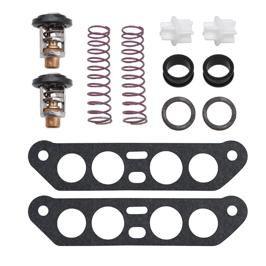 photo of jlm marine thermostat kit for johnson evinrude v4 crossflow outboard engines 65-80 jet 85-140 hp 18-3673 with two thermostats, springs, plastic connectors, rubber seals, metal rings, and two gaskets with multiple holes