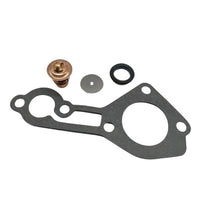photo of thermostat kit for mercury mariner 70-75-80-90-115hp, JLM Marine 8032 803061t1, including copper thermostat with spring, dark gray elongated gasket with multiple openings, gray disc with center hole, and dark circular o-ring